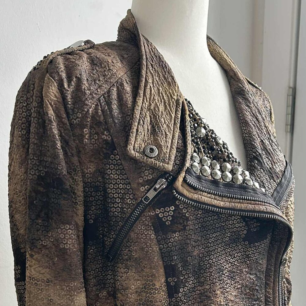 Simon Chang Bronze Textured Moto Jacket with Stones & Embellishments - US 12